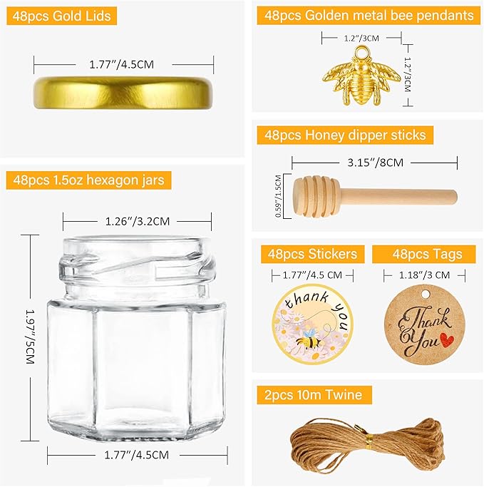 Mini Glass Honey jars with Lids-1.5oz,48 pack Honey Jars,Small Honey Jar with Dipper,Thank You Tags,Jutes Rope,Empty Glass Jars for Jams,Baby Shower, Wedding Favors, Party Favors