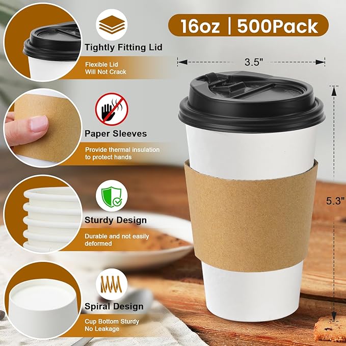 Lamosi 500 Pack 16 oz Disposable Coffee Cups with Lids and Sleeves, White Leak-Proof To Go Coffee Cups with Lids, Hot/Cold Beverage White Drinking Cup for Home, Office, Parties, Travel