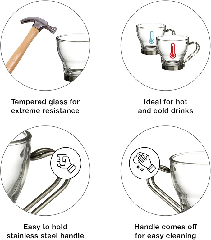 Bormioli Rocco Verdi Espresso Cup With Stainless Steel Handle, Set of 4, Gift Boxed, 3.5 ounces