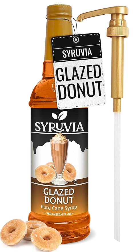 Syruvia Glazed Donut Coffee Syrup - 25.4 fl oz Premium Coffee Flavoring Syrup - Kosher Coffee Syrups, Gluten Free, No Coloring, Perfect for Drinks, Soda, Shakes, Desserts, and More With Pump