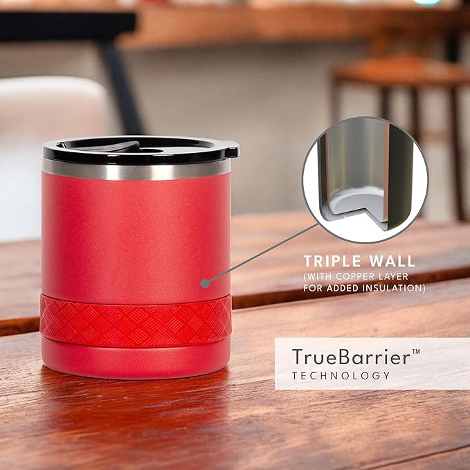 Elemental Recess Lowball Tumbler, 10oz Triple Wall Stainless Steel Cup with Non-Shattered Tritan Lid, Insulated Whiskey Glass, Insulated Coffee Tumbler Mug for Hot & Cold Drinks - Red