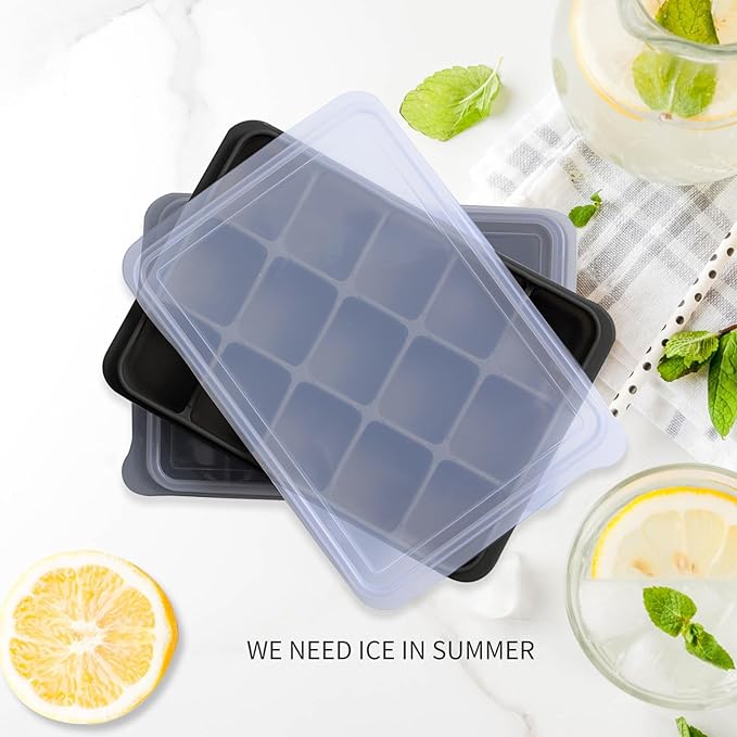 Tvmania Ice Cube Trays Set of 2, Easy Release 15 Flexible Silicone Ice Cube Molds with Removable Lid Reusable Freezer Ice Trays Stackable for Whiskey, Baby Food, BPA Free (black)