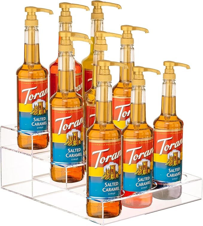 Frcctre 9 Bottles Acrylic Coffee Syrup Organizer Rack, 3 Tier Acrylic Wine Bottle Holder Coffee Syrup Display Stand Shelf Countertop Tiered Storage Holder for Syrups Wine Dressing