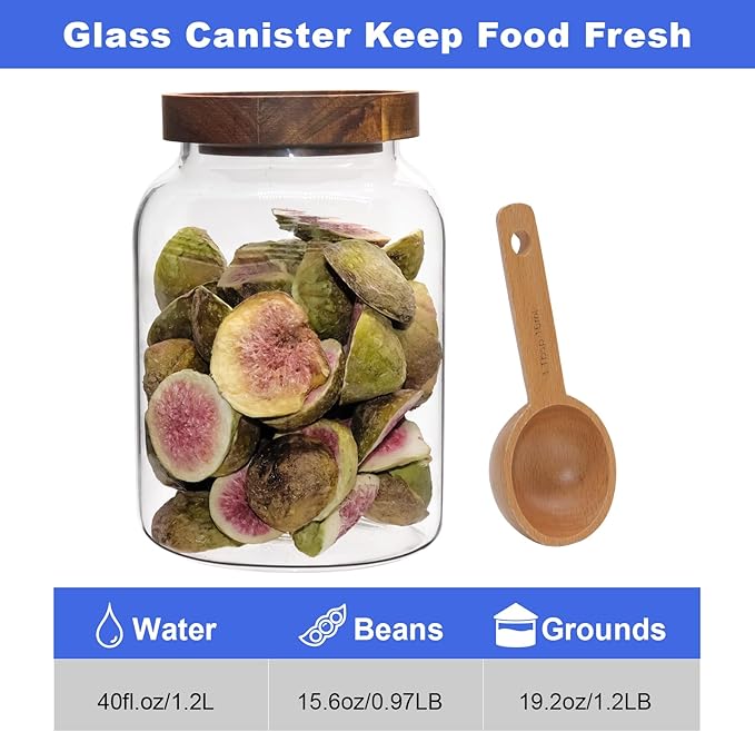 Glass Storage Jar with Lids Thicken Glass Coffee Canister Borosilicate Glass Food Containers for Spice Ground Nut Pasta Sugar Candy Tea (1200ml/40oz-1pack-with spoon)