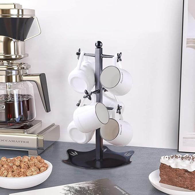 Coffee Mug Holder for Countertop, Cup Holder with 6 Hooks, Mug Stand for Counter, Coffee Bar Accessory, Mug Tree Station Organizer, Black