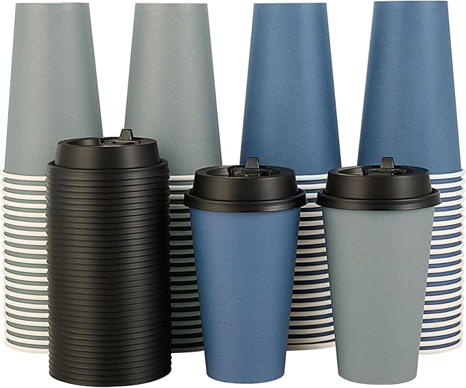 LITOPAK 100 Pack 16 oz Disposable Paper Coffee Cups with Lids for Coffee, Water, Juice, or Tea, Blue and Gray Hot Paper Cups for Home, Restaurant, Store, and Cafe
