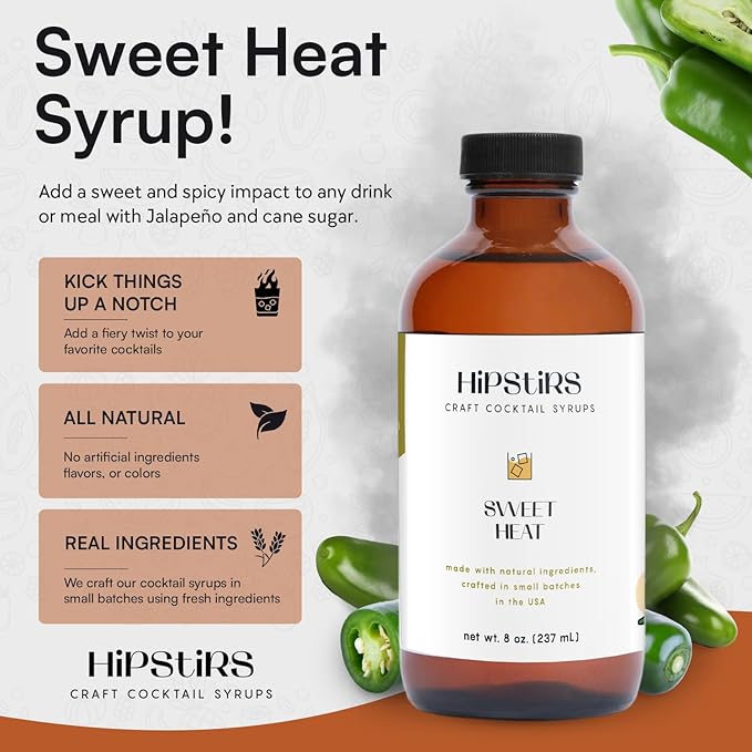 HipStirs Sweet Heat Jalapeño Simple Syrup - Spicy Cocktail Mixer for Margaritas, Palomas & More - Our Jalapeño Infused Spicy Syrup for Cocktails is Non-GMO, Gluten Free & Vegan (8 FL Oz)