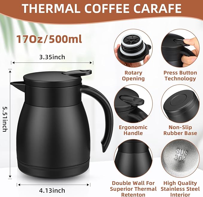 Norme 2 Pcs Thermal Coffee Carafe Insulated Stainless Steel Coffee Carafe for Hot Liquid Vacuum Thermal Pot Creamer Pitcher Dispenser with Brushes Keeping Hot Water Milk (Black,17 oz)