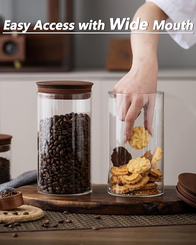 37 oz Coffee Canister with Scoop and Wooden Lids, Airtight Storage Container Sets of 2 for Ground Coffee & Beans, Glass Jars for Coffee Bar Organizer, Kitchen Countertop