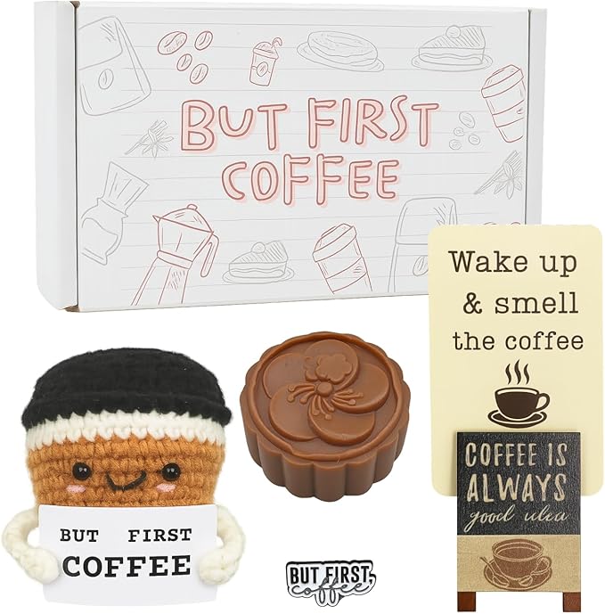 Coffee Bar Accessories Gift Set – Cute Crochet Plush, Cocoa Soap, Barista Must-Have Pin, Coffee Bar Décor Sign – Funny Kitchen Decoration for Drink Lovers & Station Display