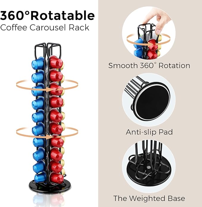 Coffee Pod Holder Compatible with Nespresso Original – 40 Pod Carousel Storage Stand, 360° Rotating Coffee Capsule Organizer, Space-Saving Countertop Holder for Coffee Lovers (Black)