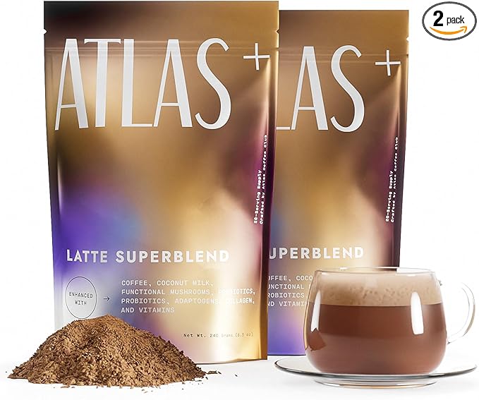 Atlas+ Latte Superblend– Instant Mushroom Coffee with Lion’s Mane, Reishi, Cordyceps, Ashwagandha, Probiotics, Vitamin D3 & B12, Coconut– for Energy, Focus, Immunity & Gut Health– 40 Servings (2 bags)