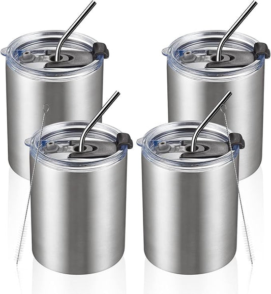 MEWAY 12 oz Lowball, Tumbler Stainless Steel Double Wall Vacuum Insulated Mug with Straw and Lid, Cleaning Brush ，Durable Powder Coated Insulated Coffee Cup for Cold & Hot Drinks (Silver,4 pack)