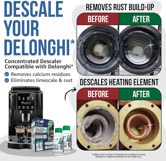 Delonghi Compatible Descaling Solution. 2 Bottles of Descaler Solution. Descaling Kit Removes Limescale For Hotter Coffee. 4 Uses Descaler For Delonghi Coffee Machines.