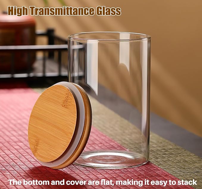 33 oz Glass Food Storage Jars with Airtight Lids, Clear Glass Jar with Bamboo Lid, Airtight Food Canister for Tea, Candy, Coffee, Sugar, Cookie, Snack. (Round | 5+6 Inch)
