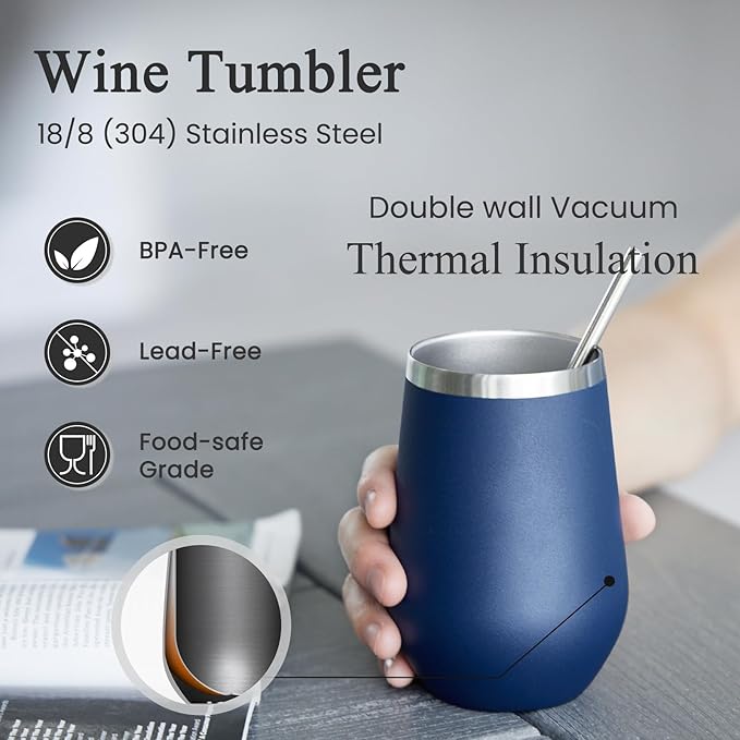 MEWAY 12oz Stainless Steel Wine Tumbler with Lid - Double Wall Vacuum Insulated Swig cups for Hot and Cold Drinks, Ideal for Coffee, Wine, Beer, gifts for Women under 10 dollars(Navy,Set of 4)