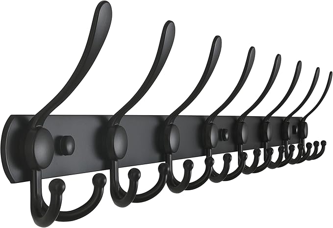Dseap Coat Rack Wall Mount - 29.5” Long 8-Tri-Hooks Heavy Duty Coat Hanger Rail Wall Hooks for Hanging Coats Hats Clothing Clothes Purse Mudroom Entryway, Black