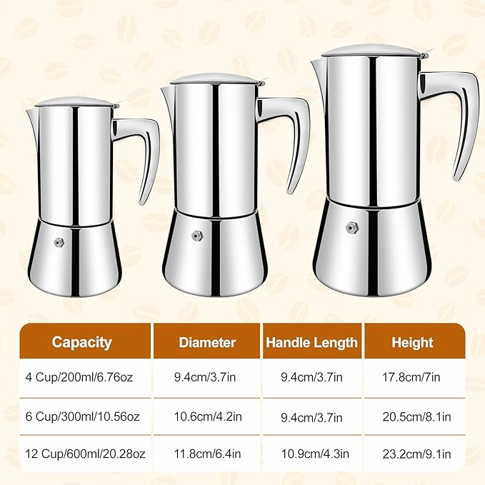 No Coating 12 Cup Thickened 304 Stainless Steel Moka Pot Stovetop Espresso Maker Italian Coffee Machine 600ml 20.3oz Suitable for Gas Induction Stovetop Greca Coffee Maker Percolator