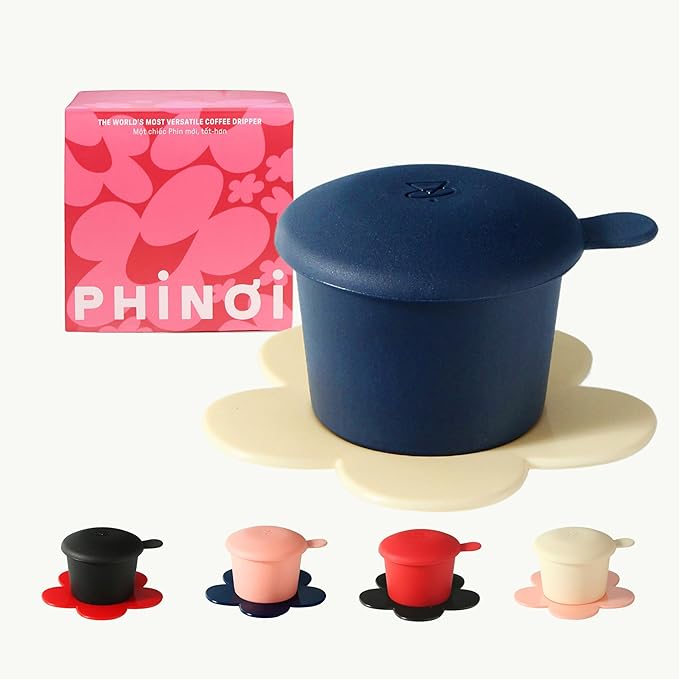 Pour Over Coffee Dripper - Vietnamese Phin Filter – Single Cup Coffee Maker 1-2 Cup with Flower Design – Plastic Reusable Coffee Filter for Manual Brewing, Travel Friendly (Navy + Ivory)