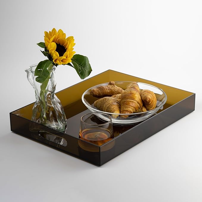 16"x12" Large Acrylic Serving Tray Decorative Ottoman Coffee Table Vanity Tray Tea Fruit Platter Snack Appetizer Dessert Drink with Handles for Bar Kitchen Party, Amber