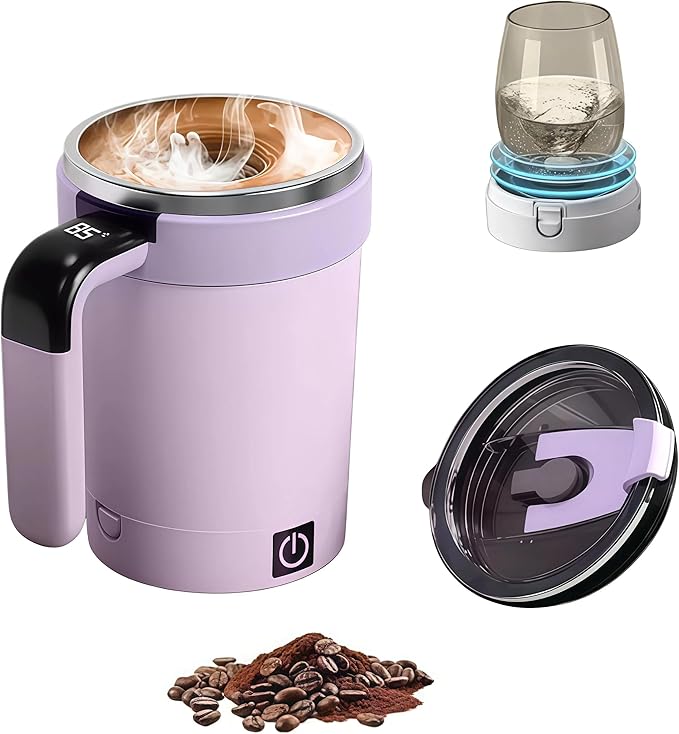 travel coffee mug Equipped with temperature display coffee warmer for desk self stirring coffee mug Rechargeable stainless steel material (Purple)