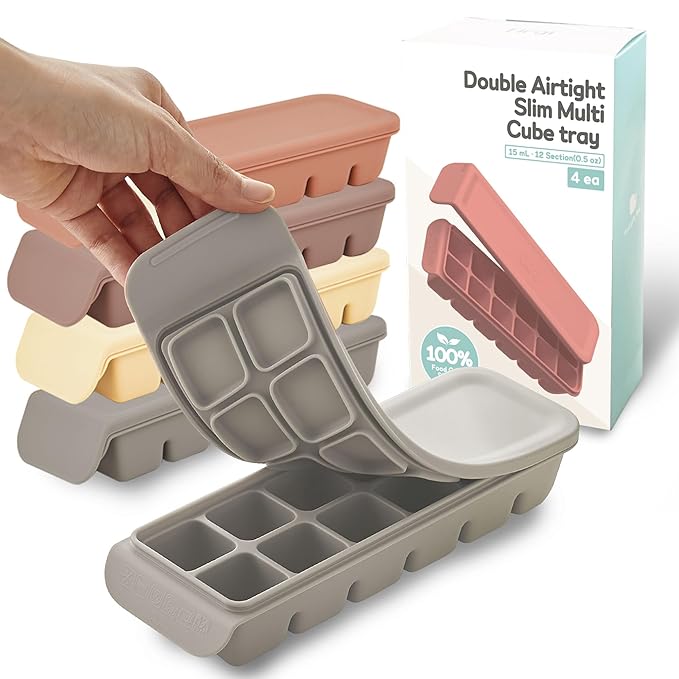 Silicone Ice Cube Freezer Tray with Lid, 100% Food-Grade Platinum Silicone,Leak Resistance & Dishwasher Safe for Baby Food Prep,Breast Milk,Purees - Korean Made (4 Sets 0.7 oz/12 Sections)
