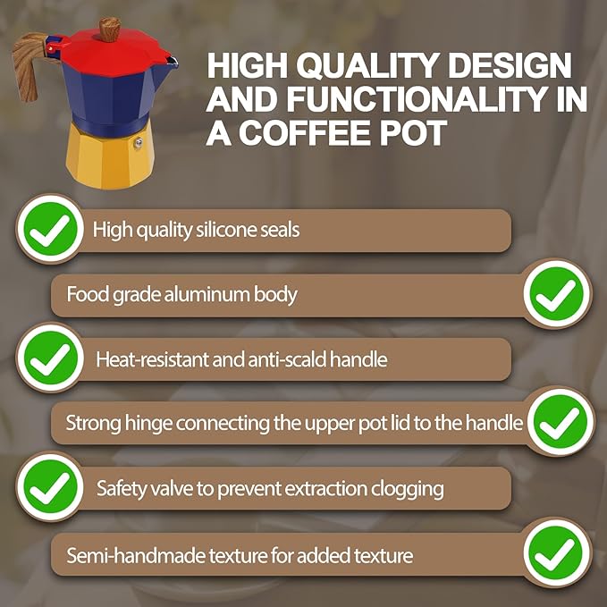 Aluminum 3 Cup 150ml Moka Pot Express Coffee Maker Stovetop Espresso Colorful Coffeemaker Italian Classic Style Brewing Greca Cafe Mocha Machine for Cafeteras Lover Camping Travel and Home Use 5oz
