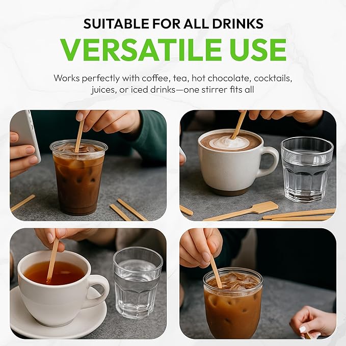 6.25" Wooden Coffee Stirrers with Square Heads – Customizable Stir Sticks with Logo or Text | Eco-Friendly Drink Stirrers for Coffee, Tea, Beverages & Events (6.25" - Pack of 100)