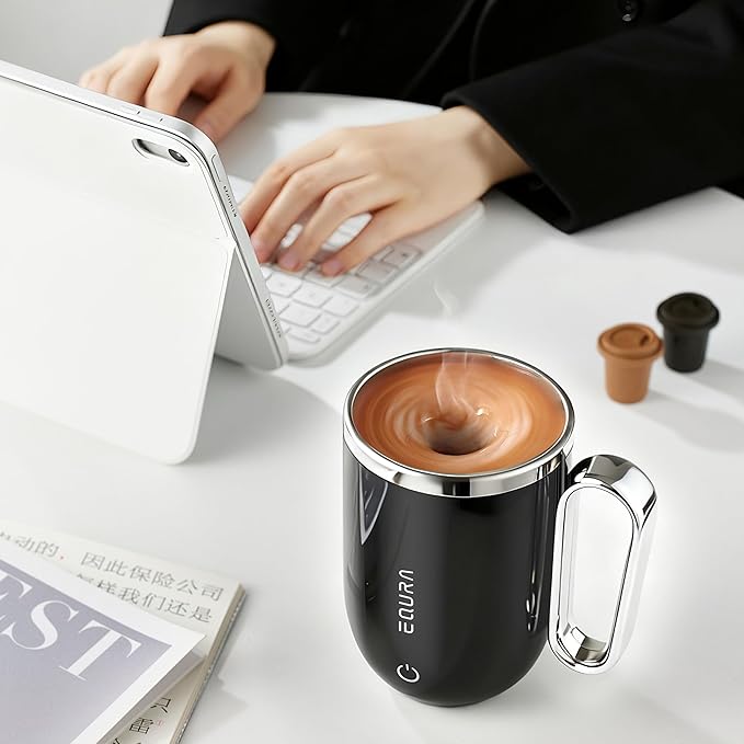 Self Stirring Mug - 4-Color Temp Display Magnetic Electric Auto Mixing Stainless Steel Cup with Straw & Lid For Office/Kitchen/Home/Coffee/Milk- 14.2oz/420ml(Black)