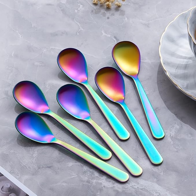 Matte Rainbow Demitasse Espresso Teaspoons, Stainless Steel Satin Finish Coffee Spoons, 4.7-inch, Set of 6