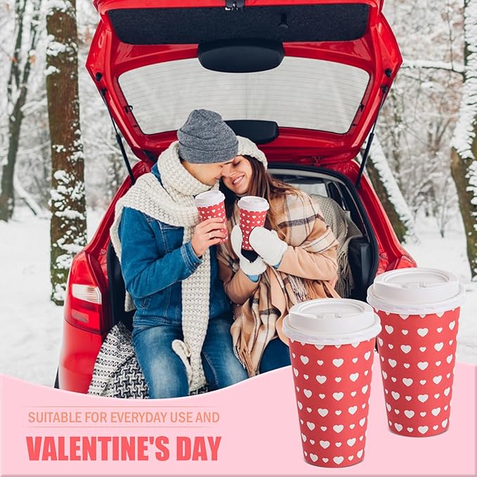 FOBSME 50 Pcs Valentine Disposable Coffee Cups With Lids 16oz Red White Love Heart Paper Cups Valentine Party Drinking Cups for Wedding Anniversary Party Supplies