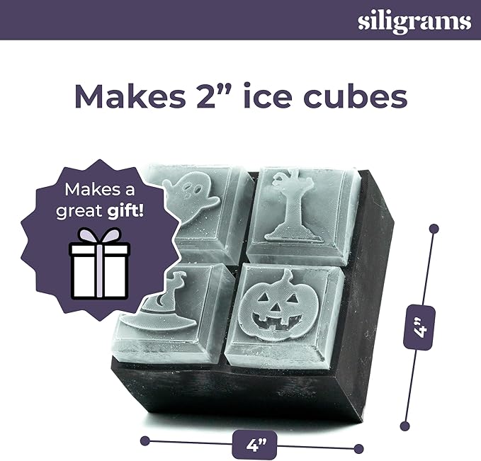 SILIGRAMS - Halloween Ice Cube Mold Tray - Bartender 2" Cocktail Ice Tray Molds for Whiskey - Custom Personalized Ice Cube Mold - Monogram Designer Ice Tray - Reusable Silicone Ice Trays