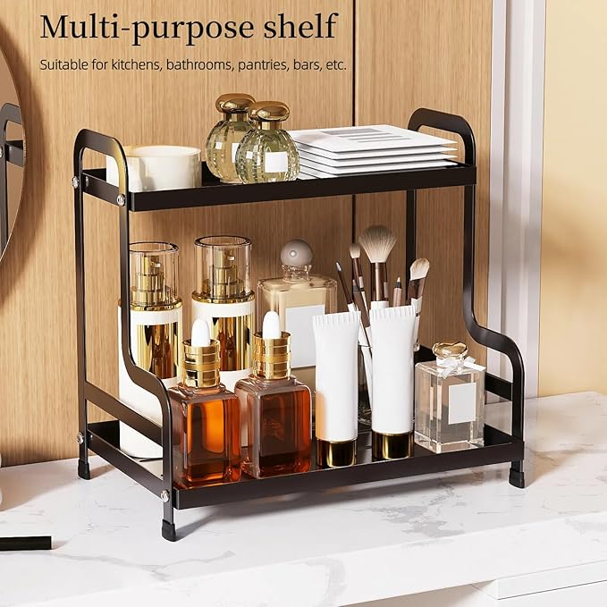 Bokelai 2 Tier Coffee Bar Organizer and Accessories Storage Countertop Shelf for Kitchen Coffee Station Organizer Mug Holder Coffee Condiment Storage Rack Black