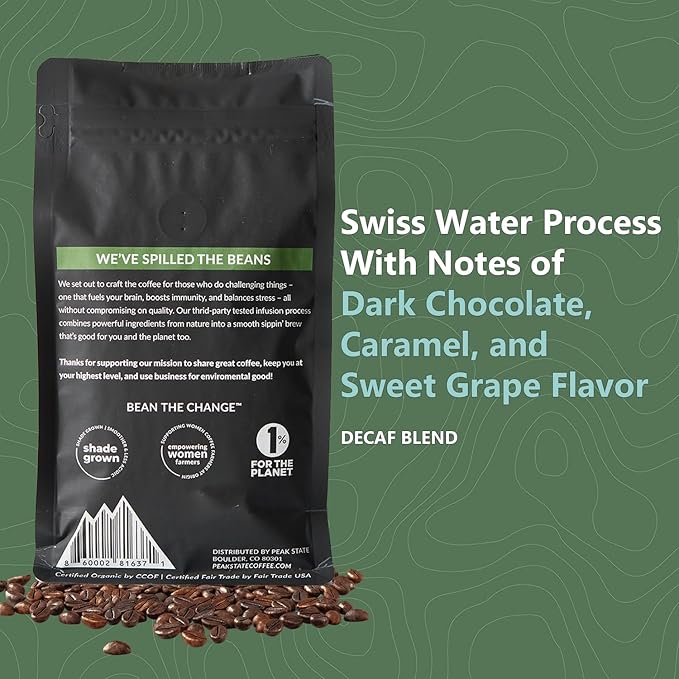 Peak State Coffee with Benefits - Organic Decaf Coffee Beans - CALM DESCENT Swiss Water Process Decaf with Lion's Mane & Cordyceps - Mushroom Coffee Decaf - Organic- Mold Free, Pesticide Free, Non-GMO, Low Acid (12 oz, Whole Bean - $1.13/cup)