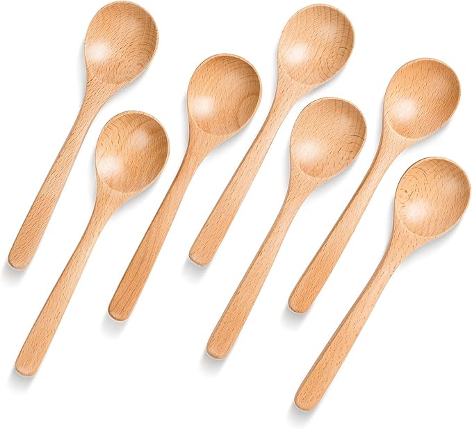 7 PCS Wooden Spoons for Eating, 7 inch Wooden Honey Spoons for Tea, Wood Teaspoons for Stirring Coffee, Beech Wood Table Spoon for Cooking, Small Serving Spoon for Soup, Desserts & Cereal