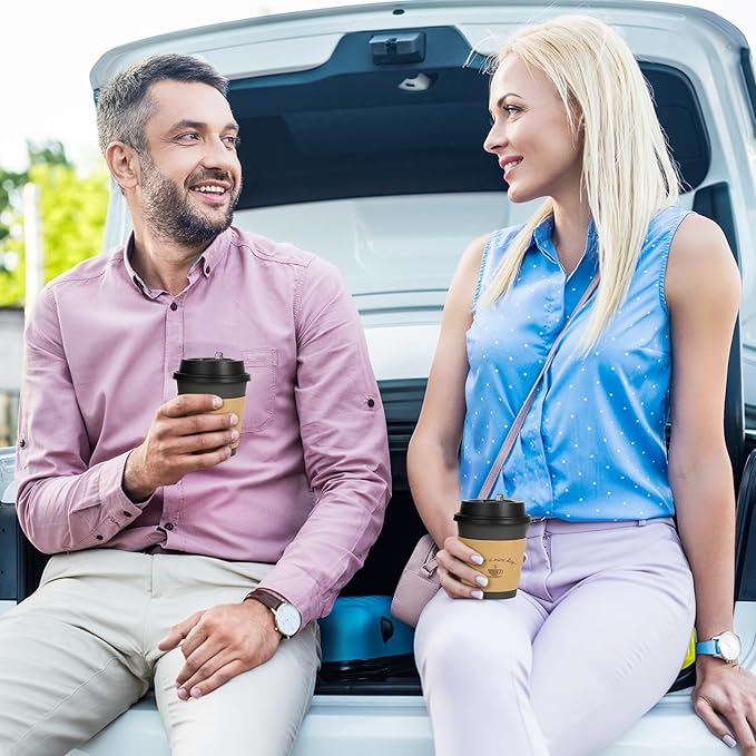 LITOPAK 100 Pack 10 oz Paper Coffee Cups for Hot Chocolate Drinks, Black Disposable Coffee Cups with Lids, Sleeves and Stirring Sticks for Parties, Picnic, Travel, and Events