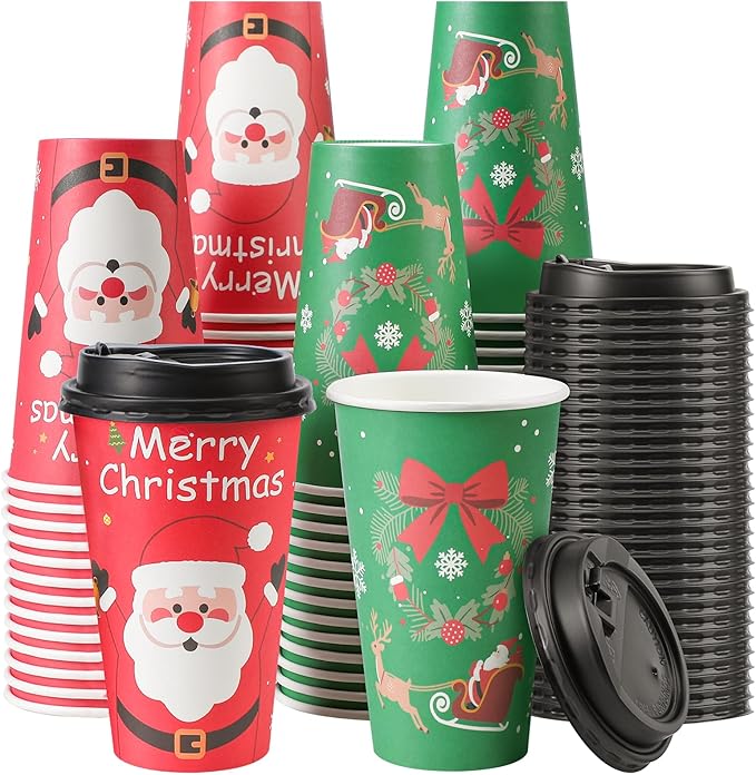 Lamosi Christmas Cups, 100 Pack 16 oz Christmas Disposable Coffee Cups with Lids, To Go Coffee Cups with Lids for Hot/Cold Beverage Drinking Xmas Holiday Party