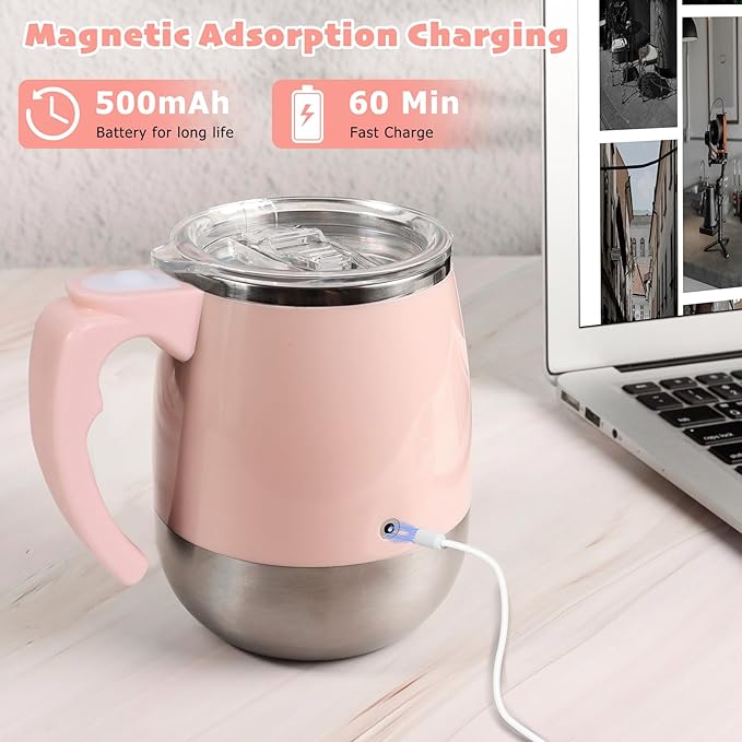 Self Stirring Mug, Rechargeable Automatic Magnetic Stirring Coffee Mug with Transparent Lid, Waterproof Stainless Steel Electric Mixing Cup, Can Stir Milk/Coffee/Cocoa Powder, Suitable for Office/Home