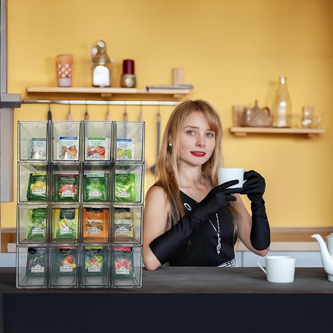 16-Pack Tea Bag Drawers Organizer - 16 Clear Plastic Drawer Tea Bag Holder; Stackable & Portable; Wider Size; Well-Organized Storage for Tea Bags & Kitchen Essentials；High Volume