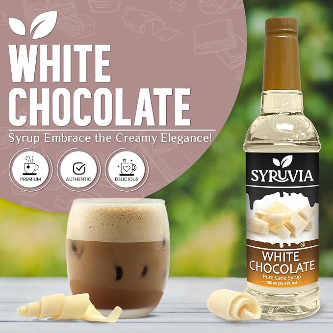 Syruvia Coffee Syrup, White Chocolate Flavored Syrup for Drinks, Lattes, and Desserts – 25.4 fl oz
