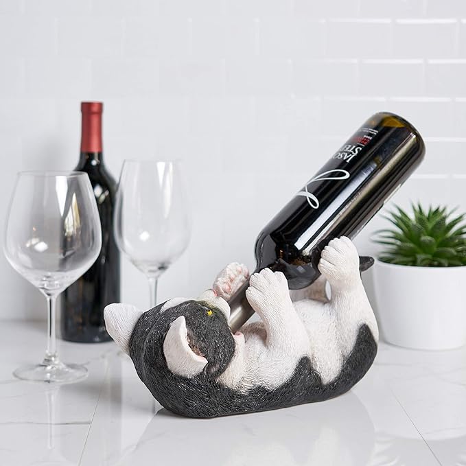 True Klutzy Kitty Cat Countertop Wine Bottle Holder Kitchen Decor Tabletop Wine Rack Animal Stand for Cat Lovers and Pet Owners, Black and White, Set of 1