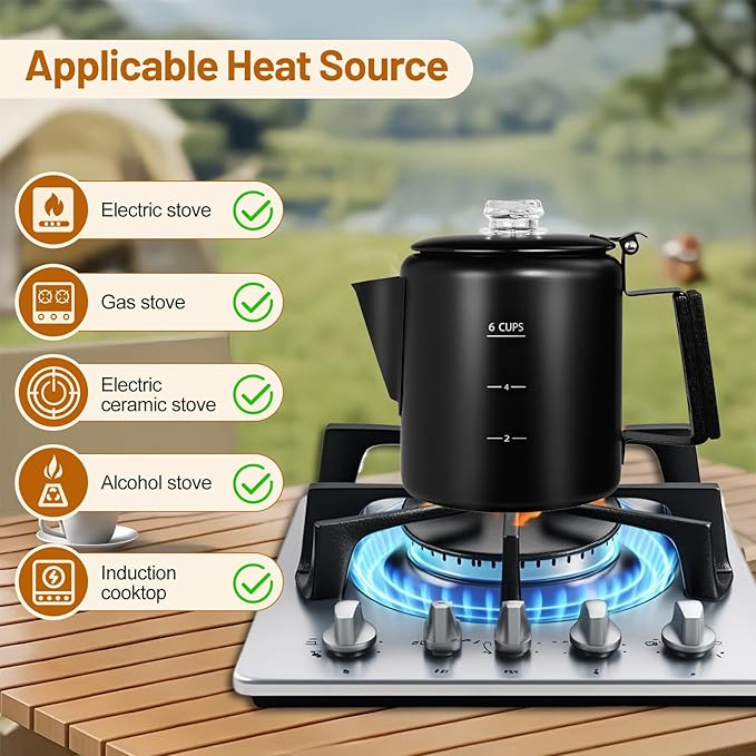 No Coating 6 Cup Percolator Coffee Pot 304 Stainless Steel Moka Pot Stovetop Espresso Maker Italian Greca Cuban Machine 1000ml 33.8oz Suitable for Gas Induction Stovetop Camping Kettle