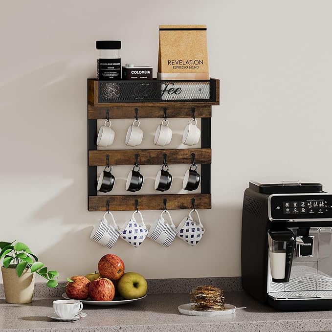 YINMIT Coffee Mug Holder with 12 Hooks, Coffee Cup Holder Wall Mounted with Top Shelf, Mug Organizer for Home Kitchen, Brown