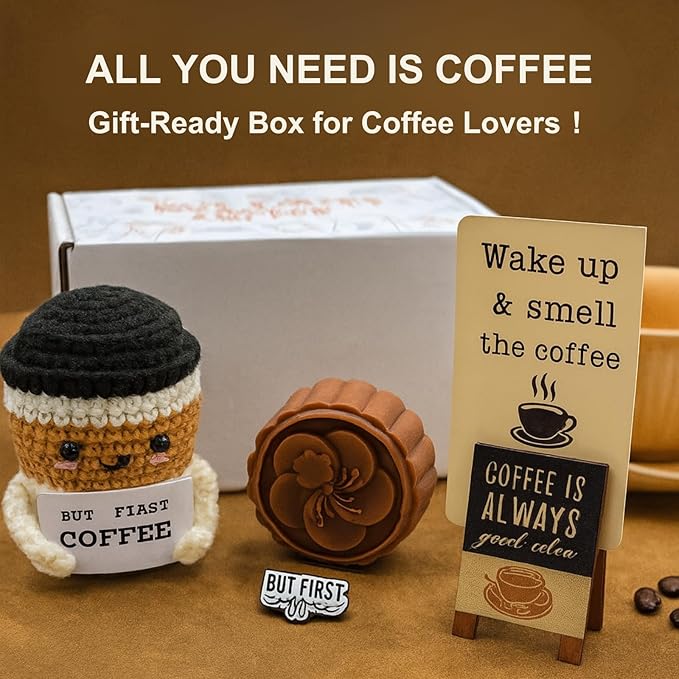 Coffee Bar Accessories Gift Set – Cute Crochet Plush, Cocoa Soap, Barista Must-Have Pin, Coffee Bar Décor Sign – Funny Kitchen Decoration for Drink Lovers & Station Display