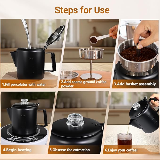 No Coating 6 Cup Percolator Coffee Pot 304 Stainless Steel Moka Pot Stovetop Espresso Maker Italian Greca Cuban Machine 1000ml 33.8oz Suitable for Gas Induction Stovetop Camping Kettle