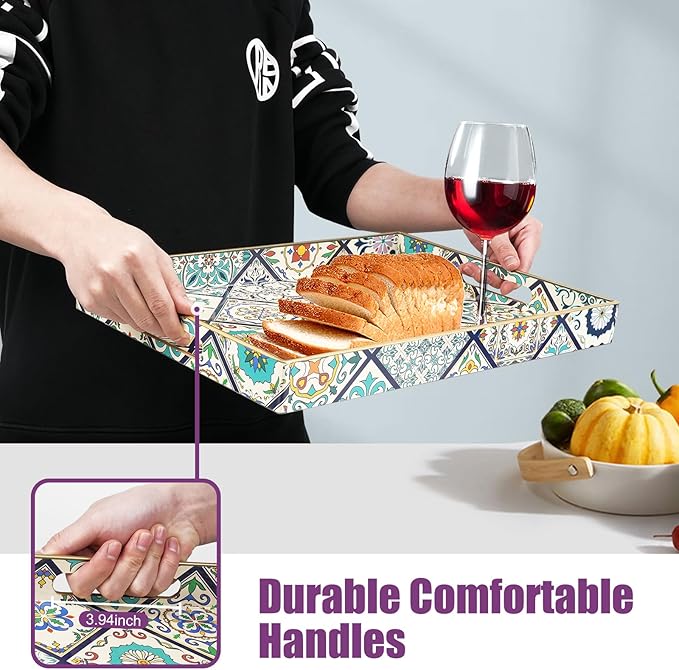 Gifturbo Serving Tray with Handles, Plastic Decorative Rectangular Tray for Coffee Table, Living Room, Home Decor, Outdoor Trays,Serving Breakfast Kitchen Platter,Boho