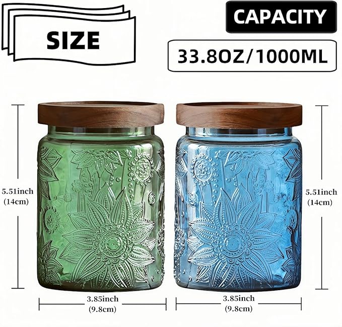 Set of 2 Vintage Glass Jars, Green Glass Storage Jars with Lids (23.7 oz) for Kitchen, Pantry, Candy, Flour, Oatmeal, Coffee Beans, Pet Food, Laundry Detergent, Cute Jar (Green&Blue 2, 23.7 Ounces)