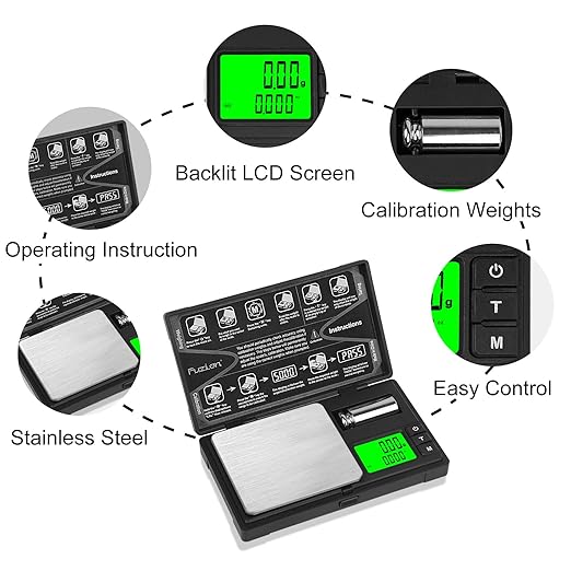 Fuzion Gram Scale Digital Pocket Scale, CASH-200 x 0.01g Digital Grams Scale, Jewelry Scale, Small Food Scale Mini Gram Scale with Dual Display, Calibration Weight