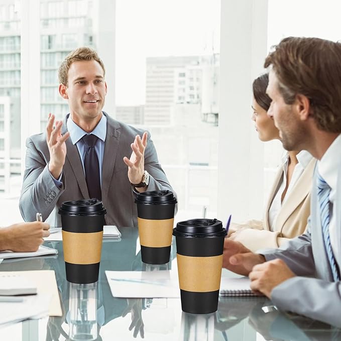 Lamosi 100 Pack 16 oz Disposable Coffee Cups with Lids and Sleeves, Black Leak-Proof To Go Coffee Cups with Lids, Hot/Cold Beverage Black Drinking Cup for Home, Office, Parties, Travel