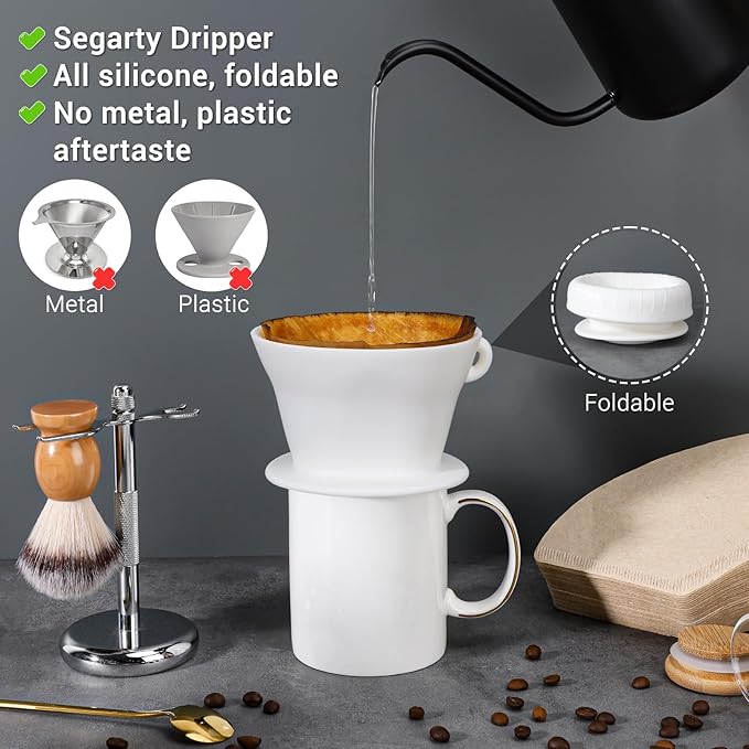 Segarty Camping Coffee Dripper Set, Collapsible White Silicone Coffee Maker with 200PCS Disposable Coffee Filter Cone Paper, Single Serve Dripping Brewer for Travel Backpacking